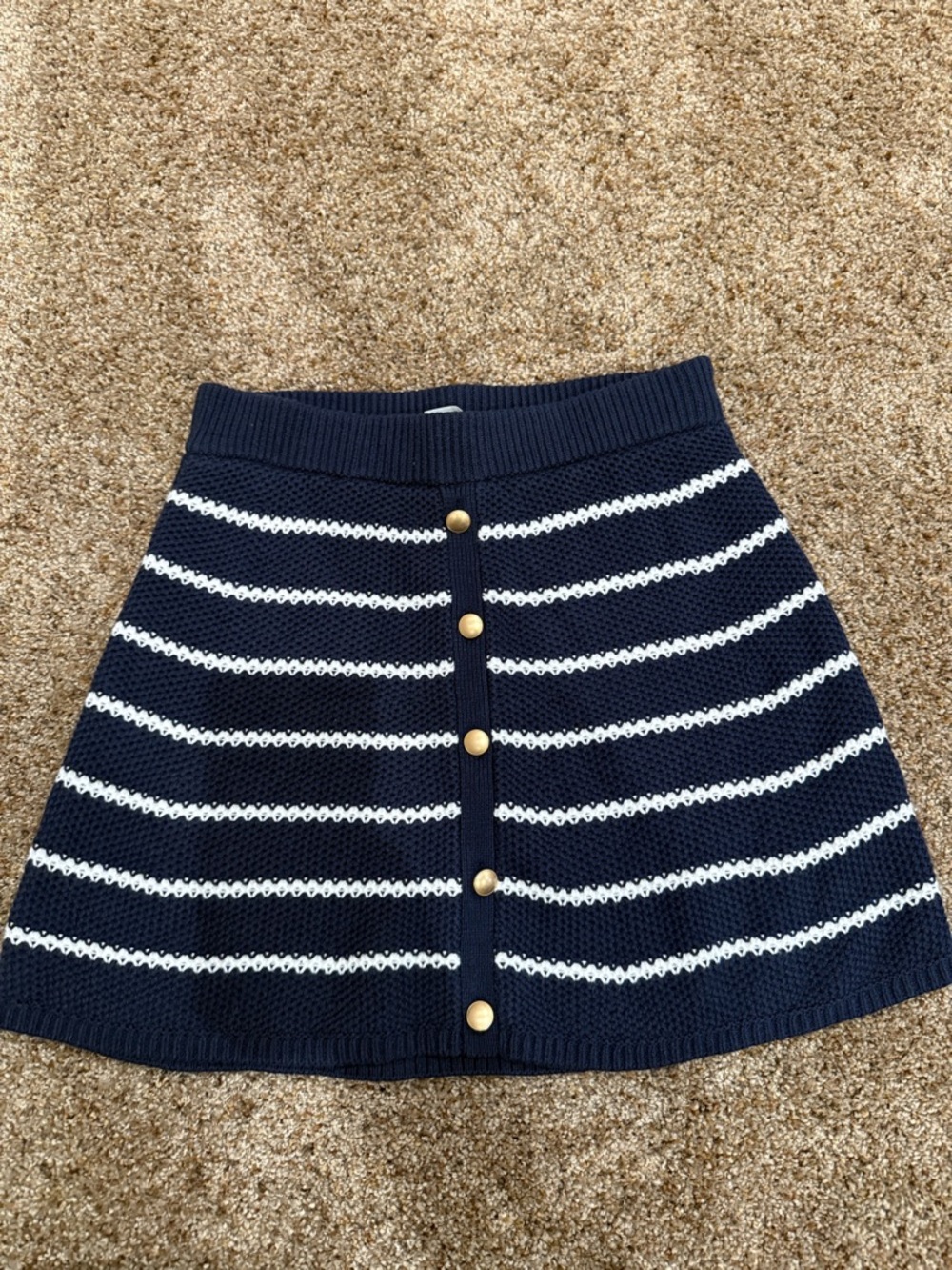 Navy and White Striped Knit Button-Front Skirt